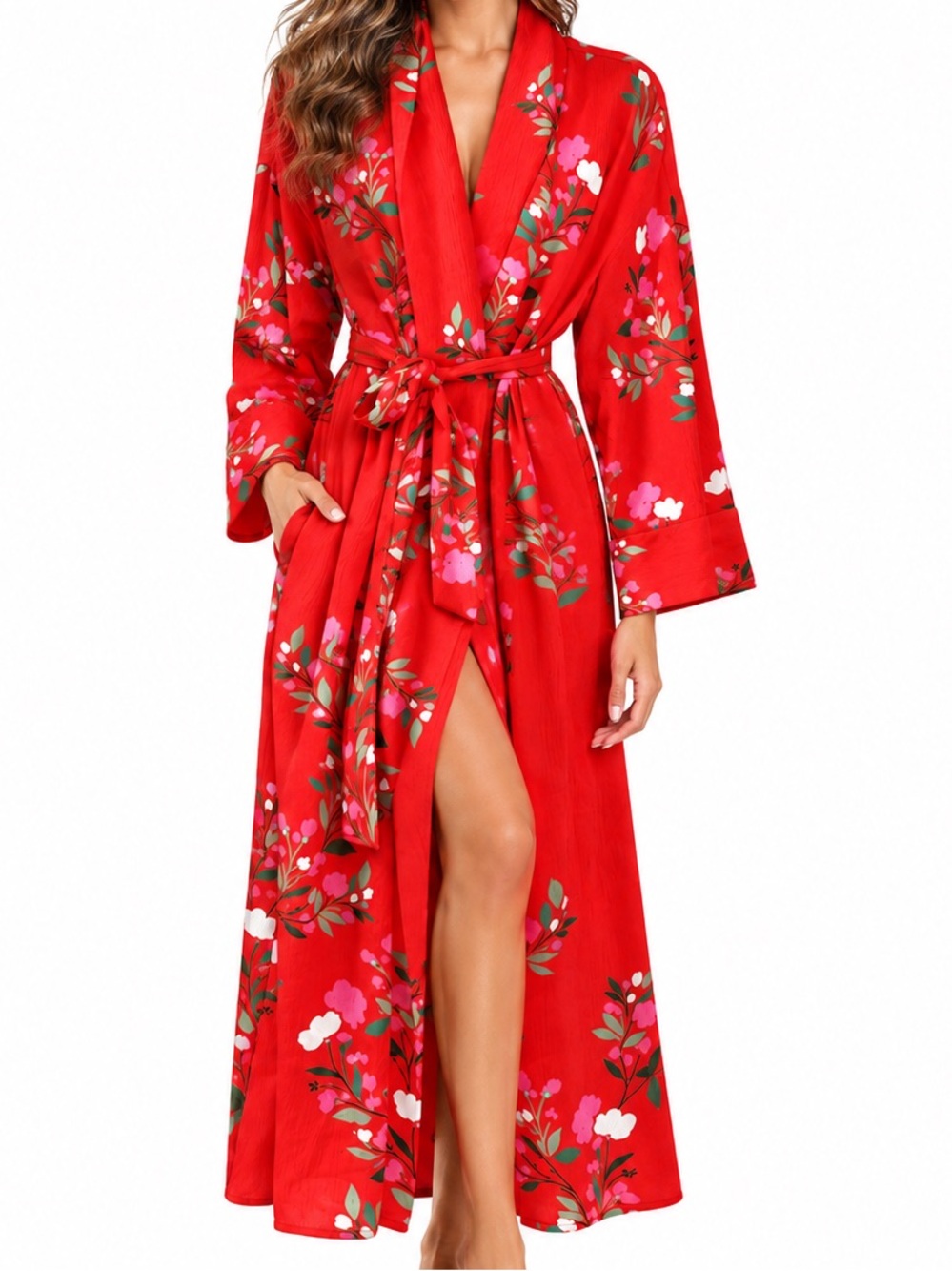 Zara Red Floral Wrap Maxi Dress Robe Kimono Sheer Belted Women’s Size Large